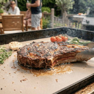 Une cote de boeuf en train de cuisre sur une plancha en gros plan